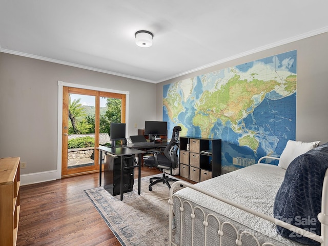 bedroom with crown molding, access to outside, baseboards, and wood finished floors