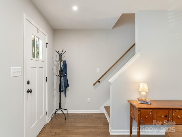 734 Enka Lake Rd, Candler, NC 28715 - foyer entrance featuring stairway, baseboards, recessed lighting, and wood finished floors