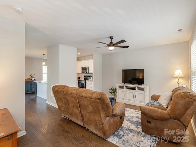 734 Enka Lake Rd, Candler, NC 28715 - living room featuring a ceiling fan, visible vents, baseboards, recessed lighting, and dark wood-type flooring