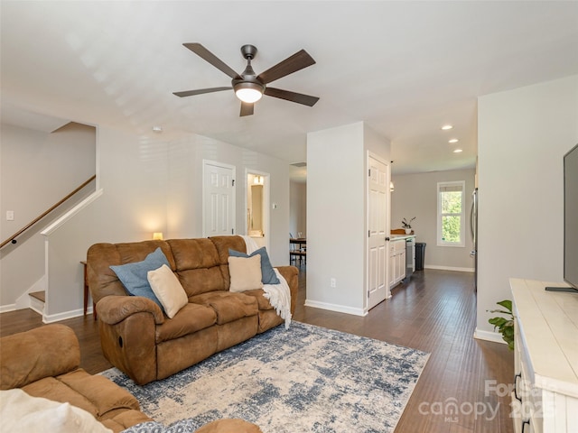 734 Enka Lake Rd, Candler, NC 28715 - living room featuring dark wood-style flooring, baseboards, ceiling fan, stairway, and recessed lighting