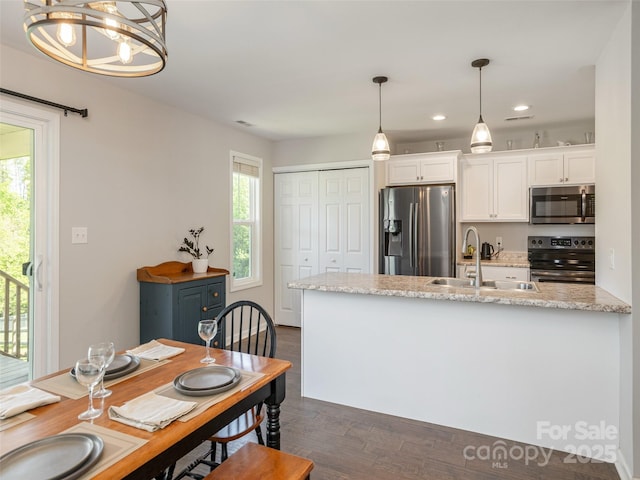 734 Enka Lake Rd, Candler, NC 28715 - kitchen with appliances with stainless steel finishes, a sink, white cabinets, dark wood-style floors, and recessed lighting