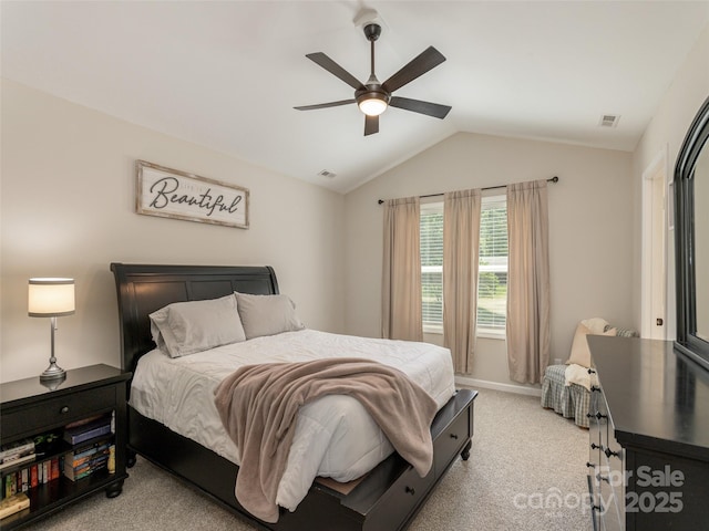 734 Enka Lake Rd, Candler, NC 28715 - bedroom featuring light colored carpet, ceiling fan, visible vents, and vaulted ceiling
