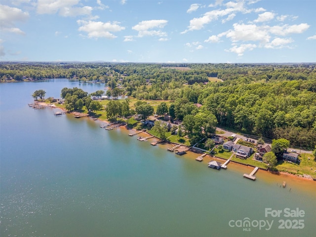 birds eye view of property with a water view and a wooded view