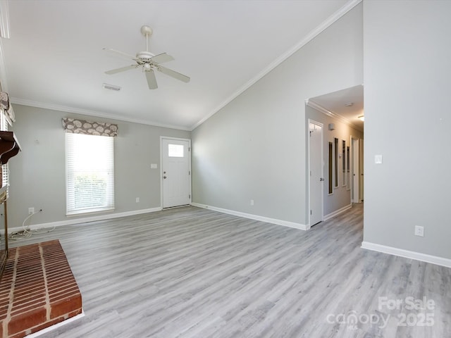 2502 Breuster Dr, Charlotte, NC 28210 - unfurnished living room featuring ceiling fan, light wood-style flooring, baseboards, visible vents, and ornamental molding