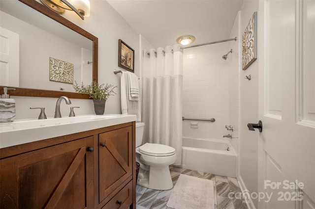bathroom featuring vanity, toilet, and shower / tub combo with curtain
