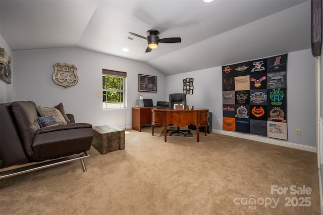 office area with ceiling fan, visible vents, carpet floors, baseboards, and lofted ceiling