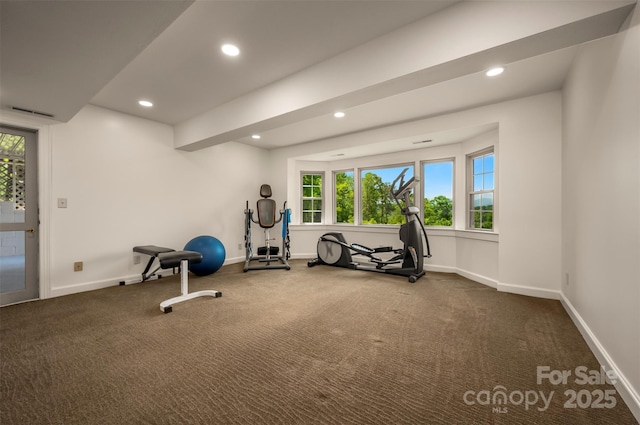exercise room with carpet flooring, recessed lighting, and baseboards