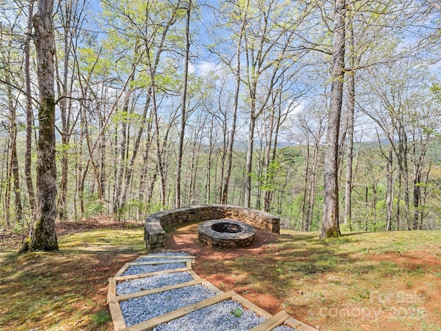 view of yard with a fire pit and a wooded view