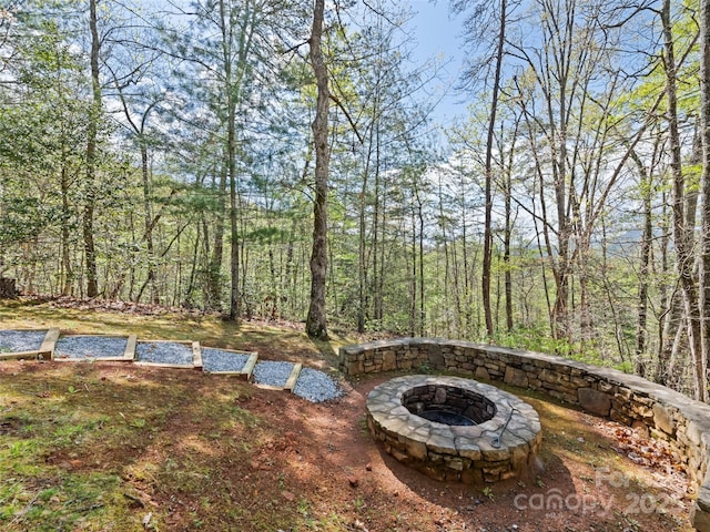 view of yard with a fire pit