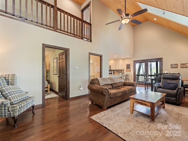 living area featuring wood ceiling, ceiling fan, high vaulted ceiling, and wood finished floors