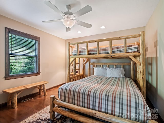 bedroom with visible vents, wood finished floors, baseboards, recessed lighting, and a ceiling fan