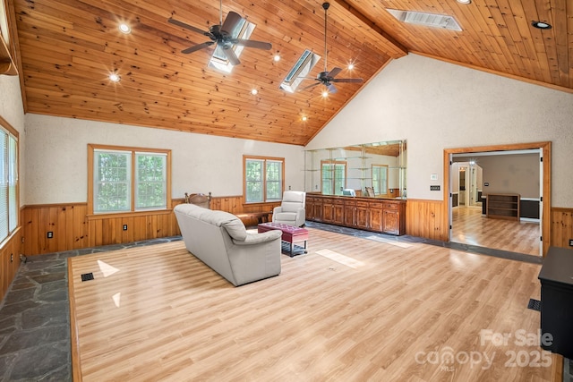 living area featuring wood walls, ceiling fan, high vaulted ceiling, a wainscoted wall, and wooden ceiling