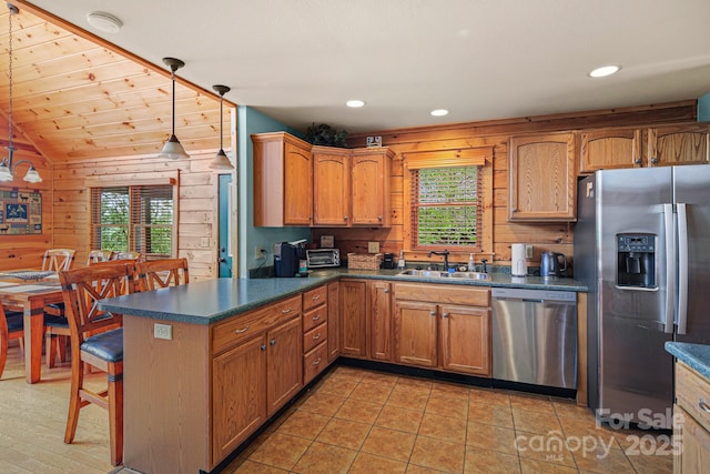 59 Valley Hts, Mars Hill, NC 28754 - kitchen with appliances with stainless steel finishes, a sink, healthy amount of natural light, wood walls, and dark countertops