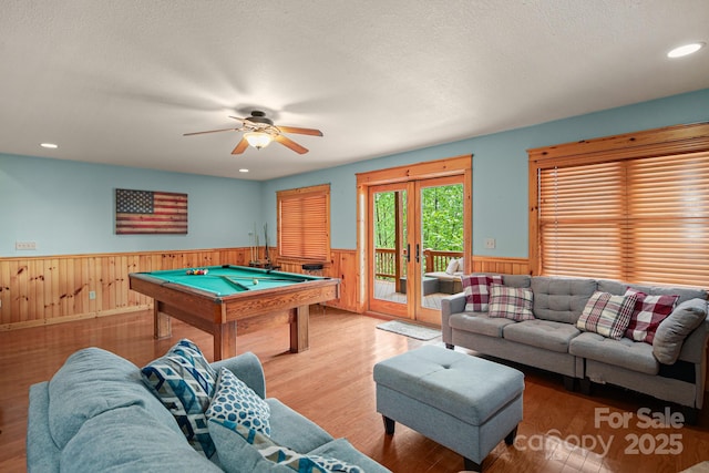 59 Valley Hts, Mars Hill, NC 28754 - rec room featuring wainscoting, billiards, wood finished floors, wooden walls, and a ceiling fan