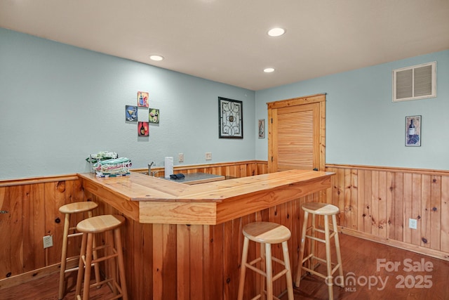 59 Valley Hts, Mars Hill, NC 28754 - indoor dry bar featuring wooden walls, wainscoting, wood finished floors, and recessed lighting