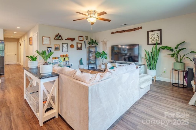 10 Half Moon Dr, Swannanoa, NC 28778 - living area with visible vents, wood finished floors, baseboards, recessed lighting, and a ceiling fan