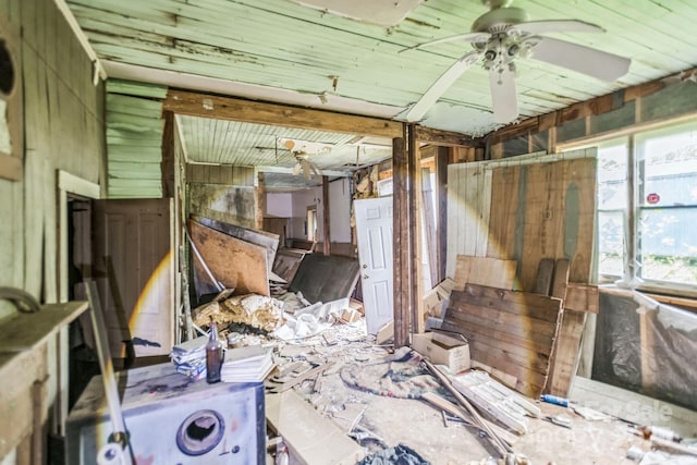 miscellaneous room with a ceiling fan and wooden walls