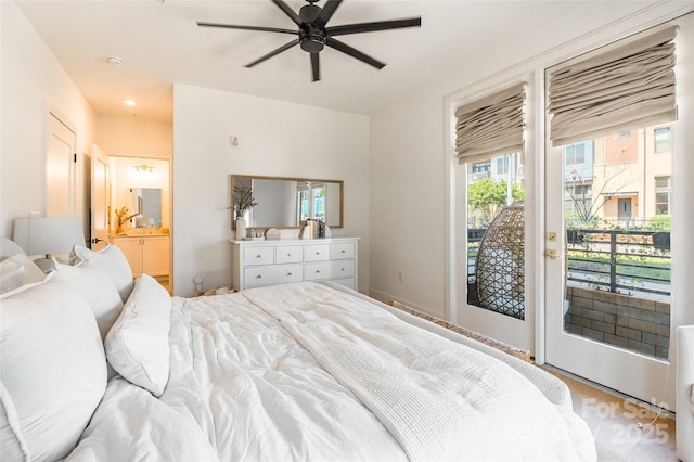 bedroom featuring access to outside, ensuite bathroom, and ceiling fan