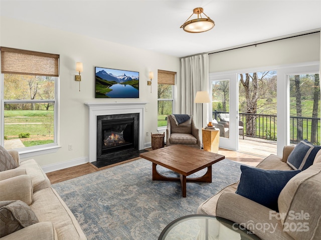 living area featuring baseboards, a fireplace with flush hearth, and wood finished floors