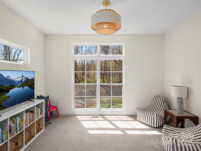 living area featuring baseboards, a wealth of natural light, and carpet