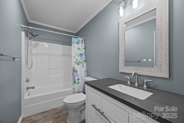 215 Calm Creek Rd, Fletcher, NC 28732 - bathroom featuring crown molding, wood finished floors, vanity, toilet, and shower / bathtub combination with curtain