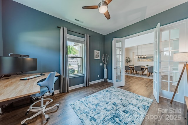 1107 Castle Rd, Indian Land, SC 29707 - office featuring a ceiling fan, wood finished floors, baseboards, and french doors