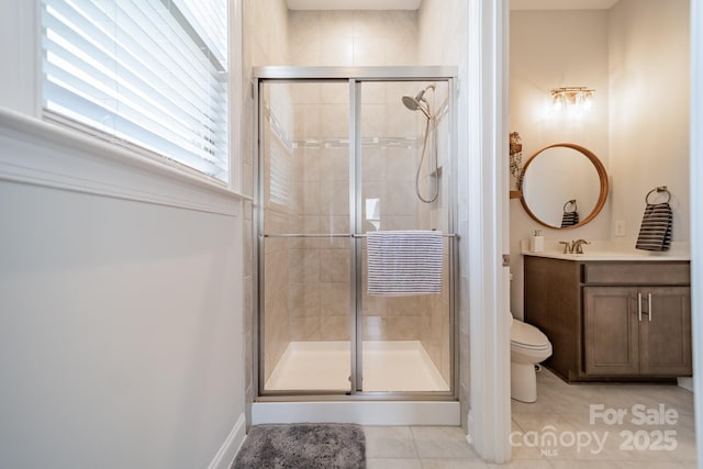 1107 Castle Rd, Indian Land, SC 29707 - full bathroom featuring tile patterned flooring, a stall shower, toilet, and vanity