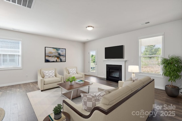 4527 Dover Ct, Denver, NC 28037 - living room featuring a glass covered fireplace, baseboards, wood finished floors, and visible vents