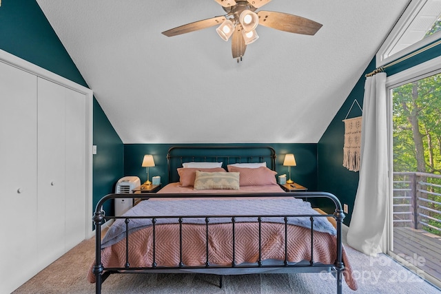 14 Leisure Ln, Weaverville, NC 28787 - bedroom featuring carpet, vaulted ceiling, ceiling fan, a closet, and a textured ceiling
