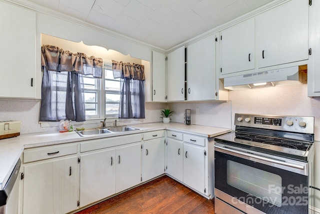 6323 Wilora Lake Rd, Charlotte, NC 28212 - kitchen with crown molding, light countertops, under cabinet range hood, a sink, and appliances with stainless steel finishes