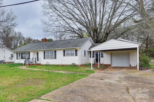6323 Wilora Lake Rd, Charlotte, NC 28212 - ranch-style home featuring a garage, a front yard, roof with shingles, a chimney, and driveway