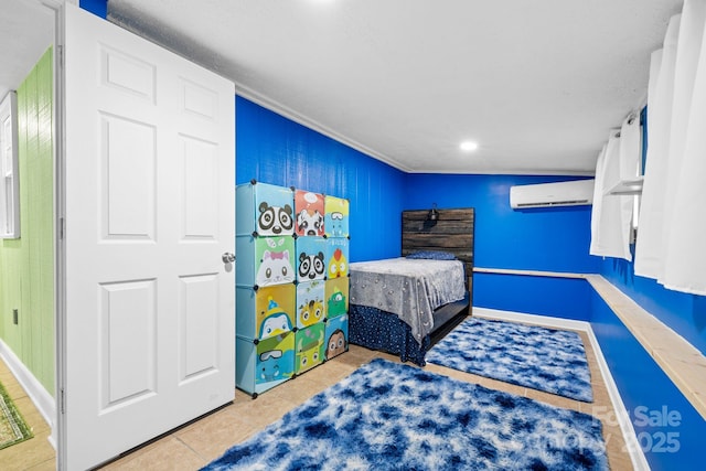 tiled bedroom with a wall mounted AC, ornamental molding, baseboards, and recessed lighting