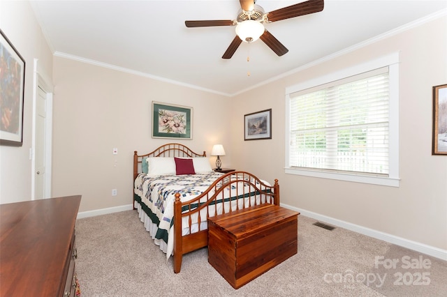 bedroom featuring light colored carpet, a ceiling fan, baseboards, visible vents, and ornamental molding