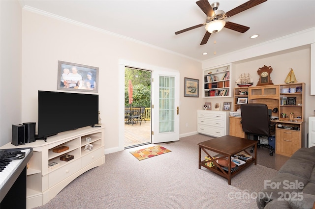 interior space featuring ornamental molding, built in features, baseboards, ceiling fan, and recessed lighting