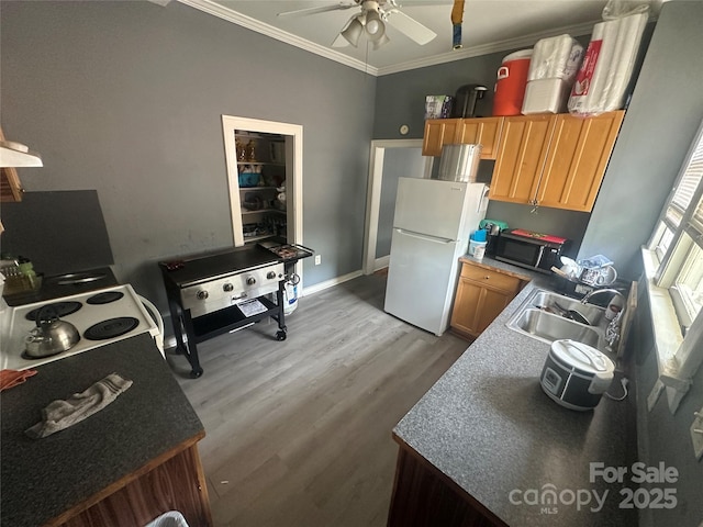 2511 Chapel Hill Rd, Durham, NC 27707 - kitchen featuring a ceiling fan, crown molding, a sink, freestanding refrigerator, and stainless steel microwave