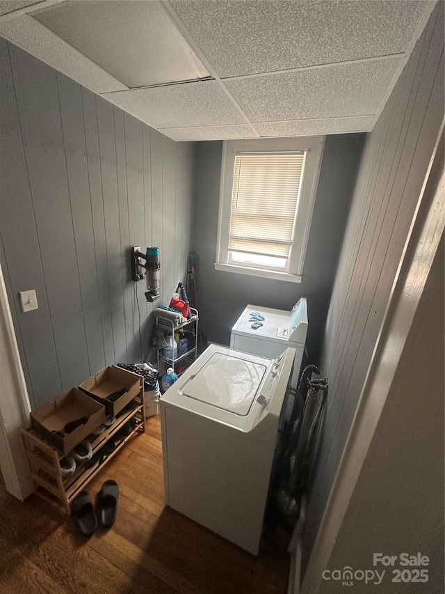 2511 Chapel Hill Rd, Durham, NC 27707 - laundry room with laundry area, wood walls, independent washer and dryer, and wood finished floors