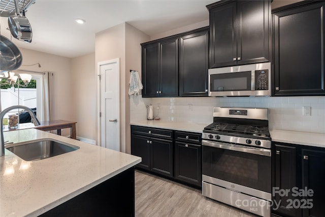 kitchen with appliances with stainless steel finishes, a sink, dark cabinetry, light wood-style flooring, and tasteful backsplash