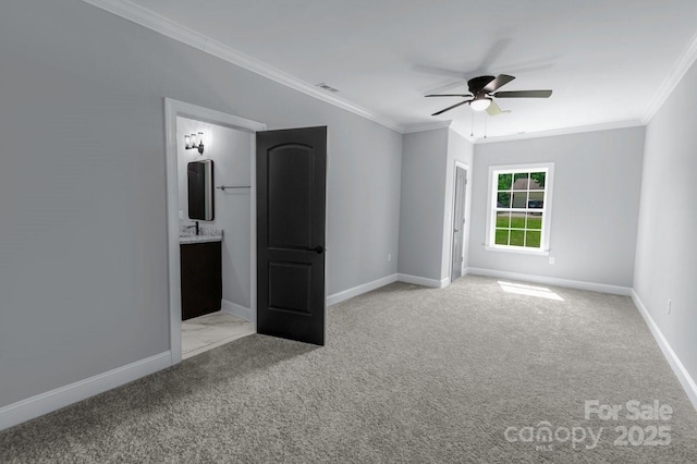 2694 Woodcrest Dr SW, Concord, NC 28027 - empty room featuring light colored carpet, ornamental molding, baseboards, and ceiling fan