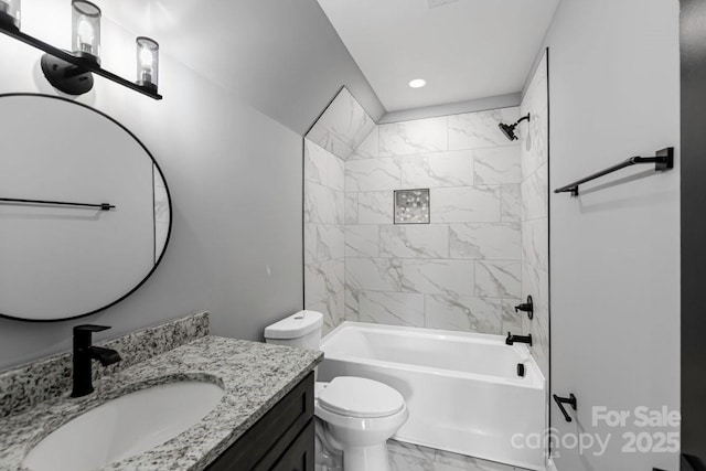 2694 Woodcrest Dr SW, Concord, NC 28027 - full bath with vanity, toilet, marble finish floor, recessed lighting, and shower / bathing tub combination