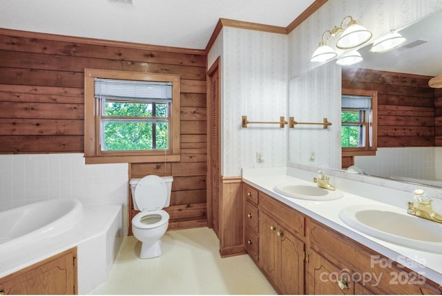 993 Jackson Rd, Fort Lawn, SC 29714 - full bath featuring ornamental molding, wood walls, wallpapered walls, and a sink