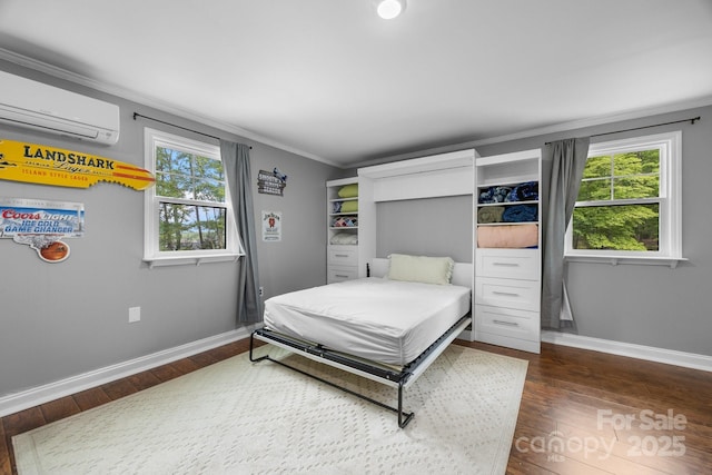 17403 Green Hill Rd, Charlotte, NC 28278 - bedroom with multiple windows, baseboards, dark wood finished floors, ornamental molding, and a wall mounted air conditioner