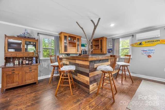 17403 Green Hill Rd, Charlotte, NC 28278 - indoor dry bar featuring crown molding, dark wood-style floors, baseboards, a wall mounted AC, and recessed lighting