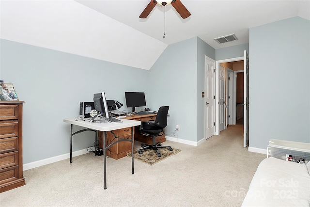 10209 Thomas Payne Cir, Charlotte, NC 28277 - office with a ceiling fan, light colored carpet, visible vents, vaulted ceiling, and baseboards