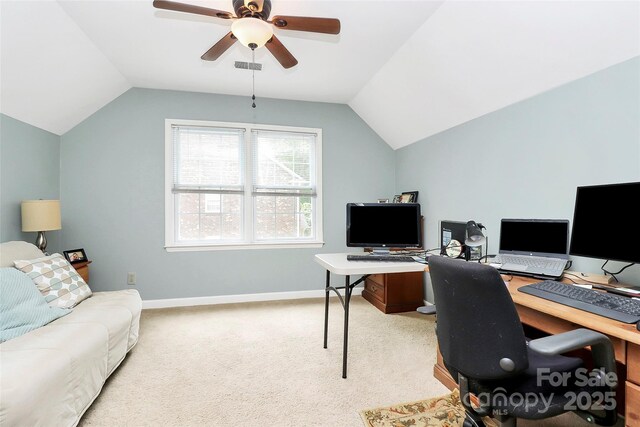 10209 Thomas Payne Cir, Charlotte, NC 28277 - carpeted home office featuring baseboards, visible vents, a ceiling fan, and lofted ceiling