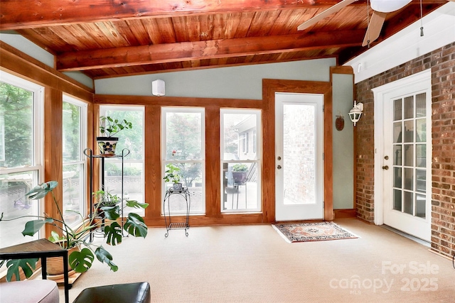 10209 Thomas Payne Cir, Charlotte, NC 28277 - sunroom / solarium featuring carpet floors, brick wall, wooden ceiling, and vaulted ceiling with beams