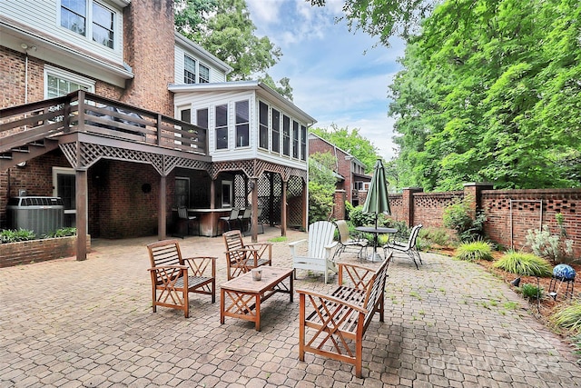 10209 Thomas Payne Cir, Charlotte, NC 28277 - view of patio with fence, outdoor dining space, a wooden deck, a sunroom, and central AC unit