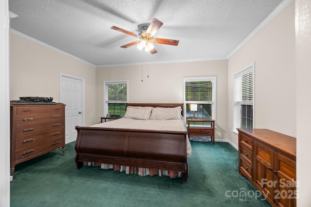bedroom with dark carpet, ornamental molding, a textured ceiling, and ceiling fan