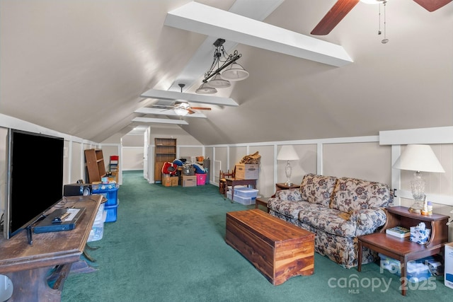 additional living space featuring ceiling fan, carpet flooring, and vaulted ceiling