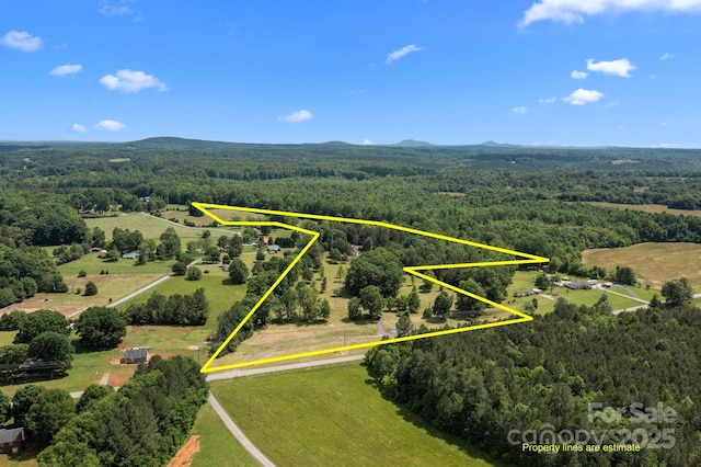 aerial view of property and surrounding area with a forest and property parcel outlined