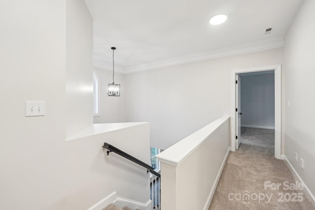 5745 Snapdragon Ln, Huntersville, NC 28078 - hall featuring light colored carpet, visible vents, baseboards, an upstairs landing, and ornamental molding